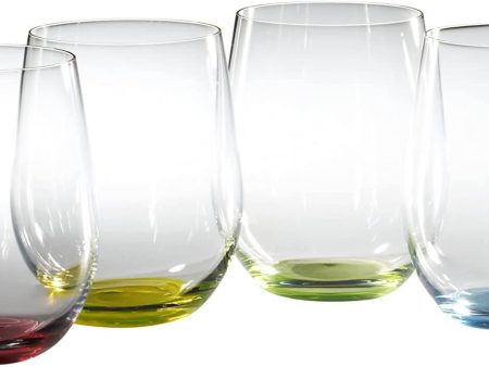 Riedel O Wine Tumbler Happy O (Set of 4) features a different colored base on each of the four tumblers: red, green, yellow, and blue. When used for water or white wine, the color visually diffuses into the liquid in an appealing maner - 5414 44 For Sale